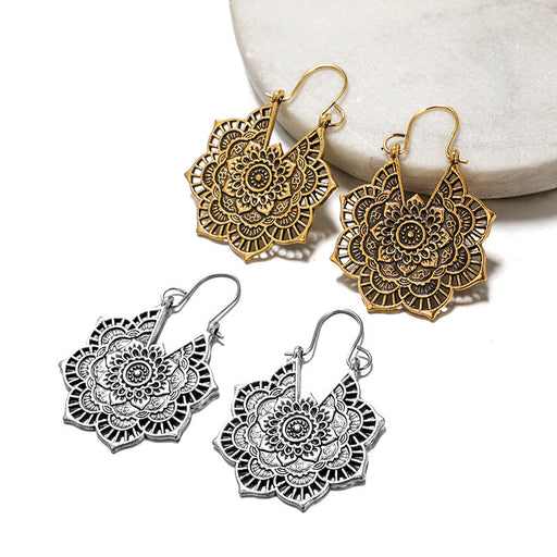 Vintage ethnic style metal openwork floral flower earrings