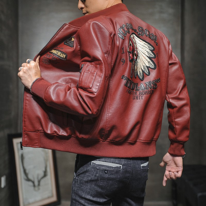 Men's PU Leather Baseball Collar Embroidered Motorcycle Jacket