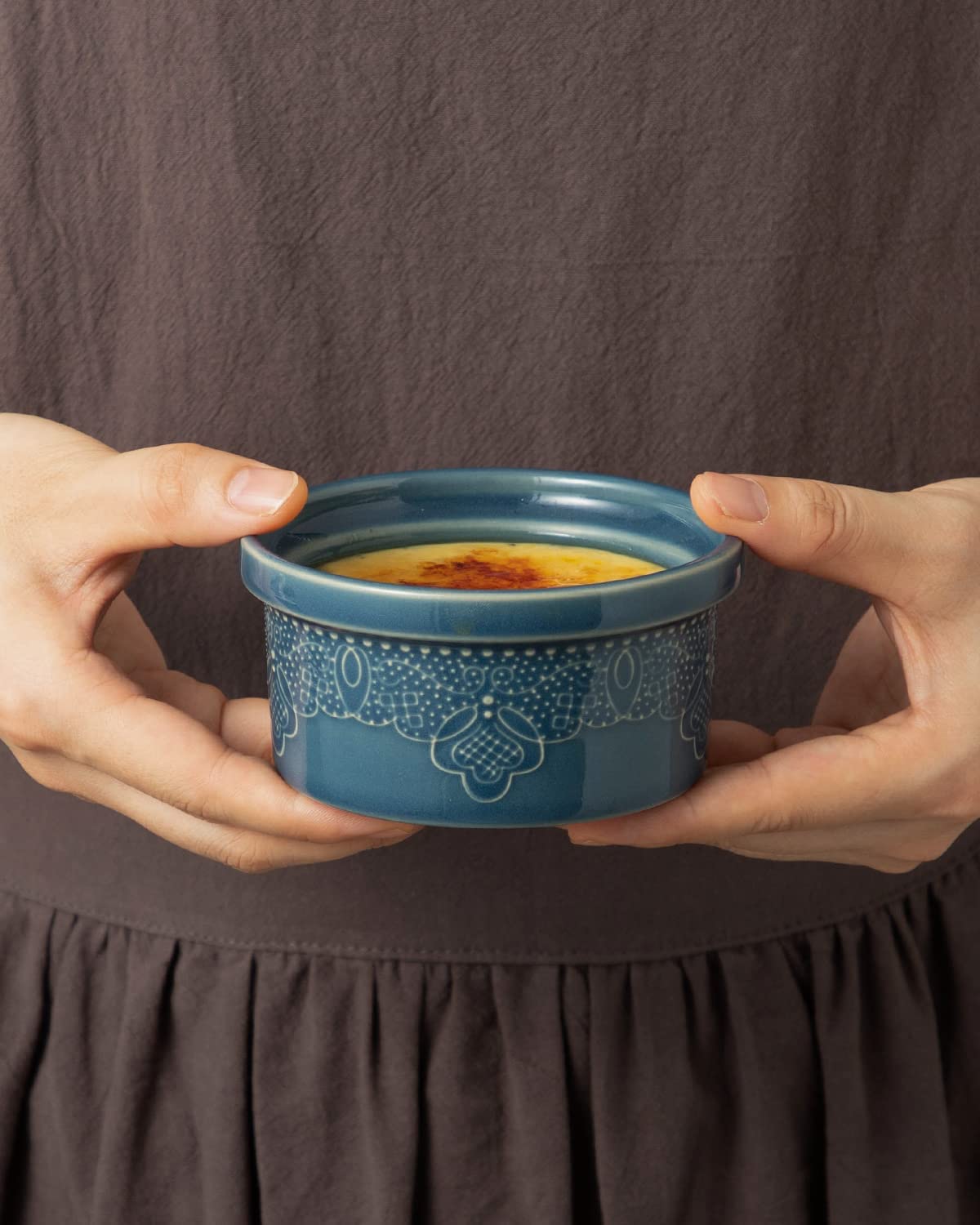 FE Ramekins, Lace Emboss Ramekin 8 Oz Oven Safe, Creme Brulee Set Of 6, Ceramic Souffle Dish For Baking Dessert And Cake