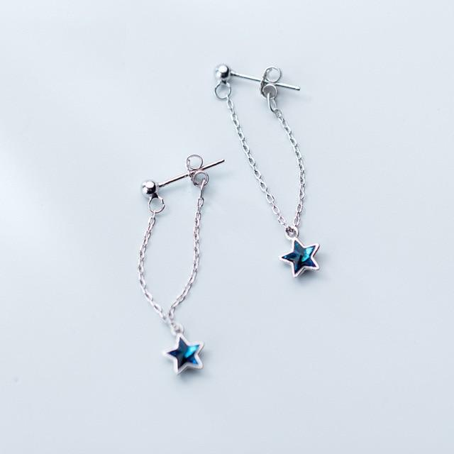 Blue diamond five-pointed star sweet back-hanging earrings