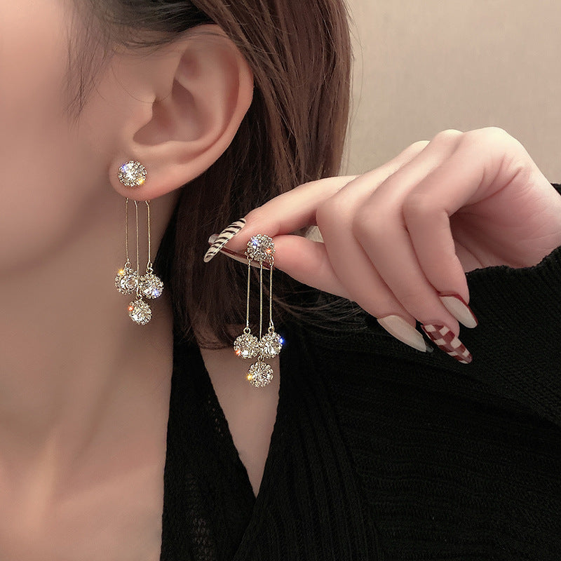 Sterling Silver Needle Multi-wearing Diamond Tassel Temperament Earrings