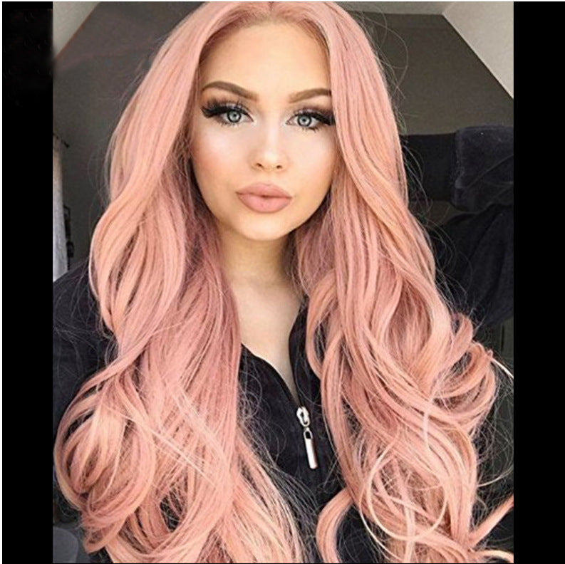 Mid-length long curly pink wig cover