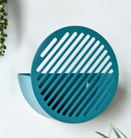 Nordic Blue Yellow Color Round Hollow Iron Storage Rack Wall Hanging Basket Bookshelf Storage Organizer Home Decor For Magazine