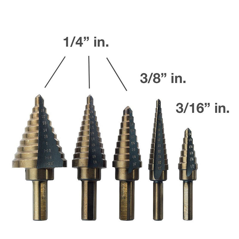 5Pcs Large Cobalt Step Drill HSS Step Titanium Core Drill Multiple Hole Cutter Drill Bit Set Tool with Case