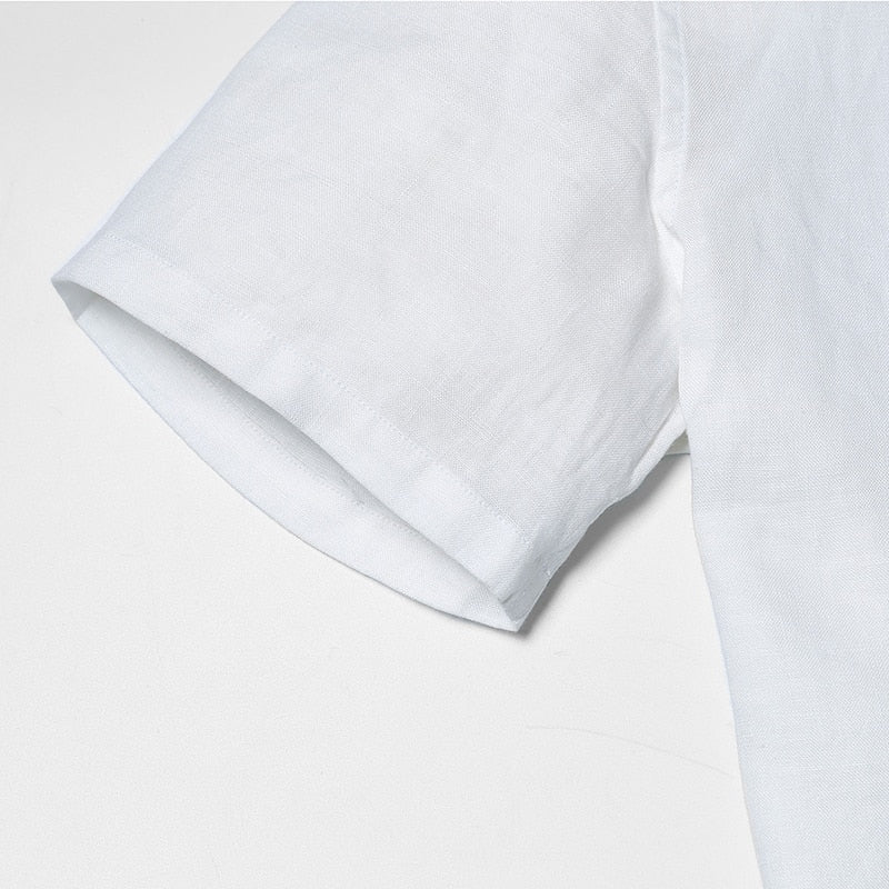 Summer Short sleeved Shirts Men 100% Linen White Solid Color Slim Fit Plus Size Collarless Tops