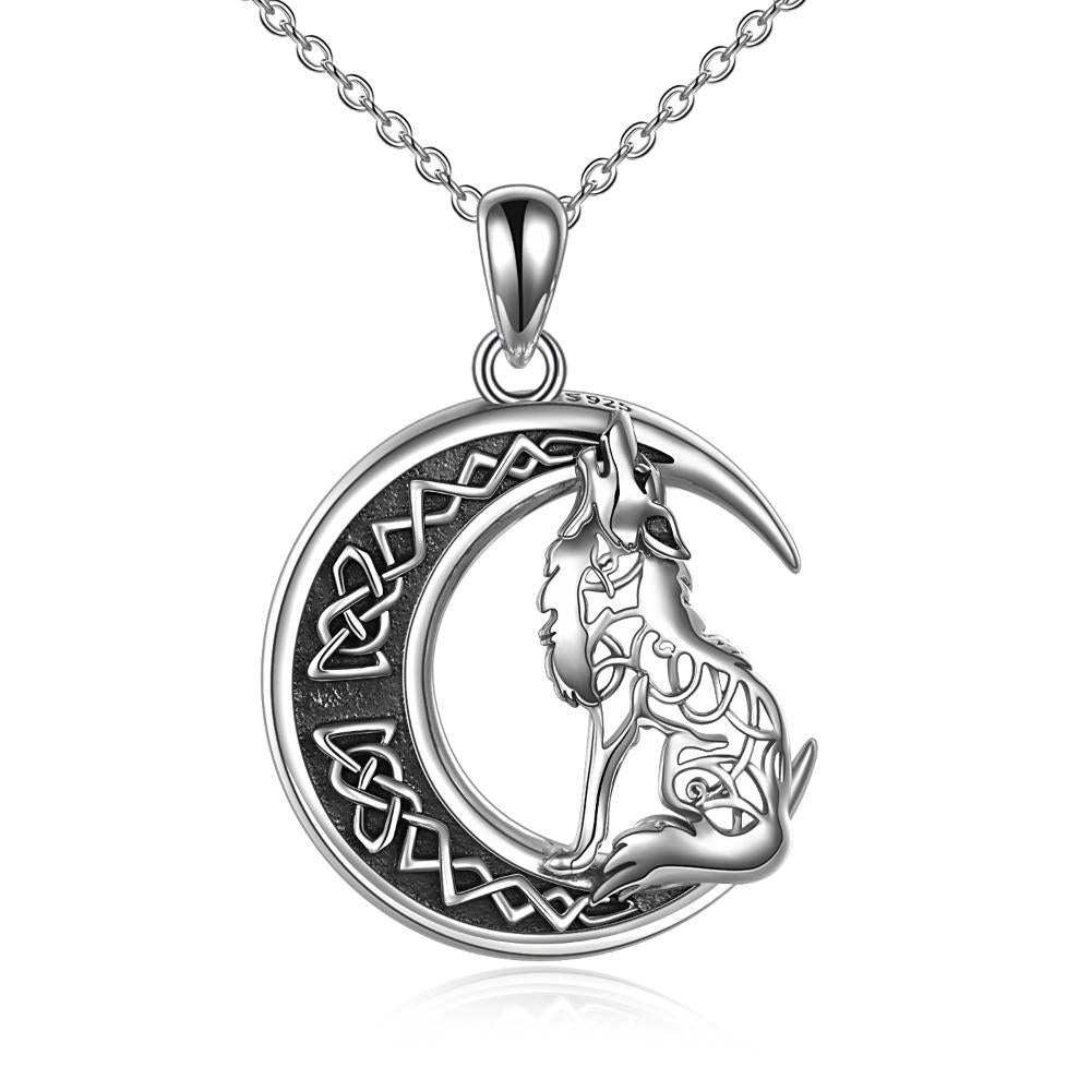 Sterling Silver Howling Wolf Moon Pendant Necklace for Wolf Lover Women Men Girls