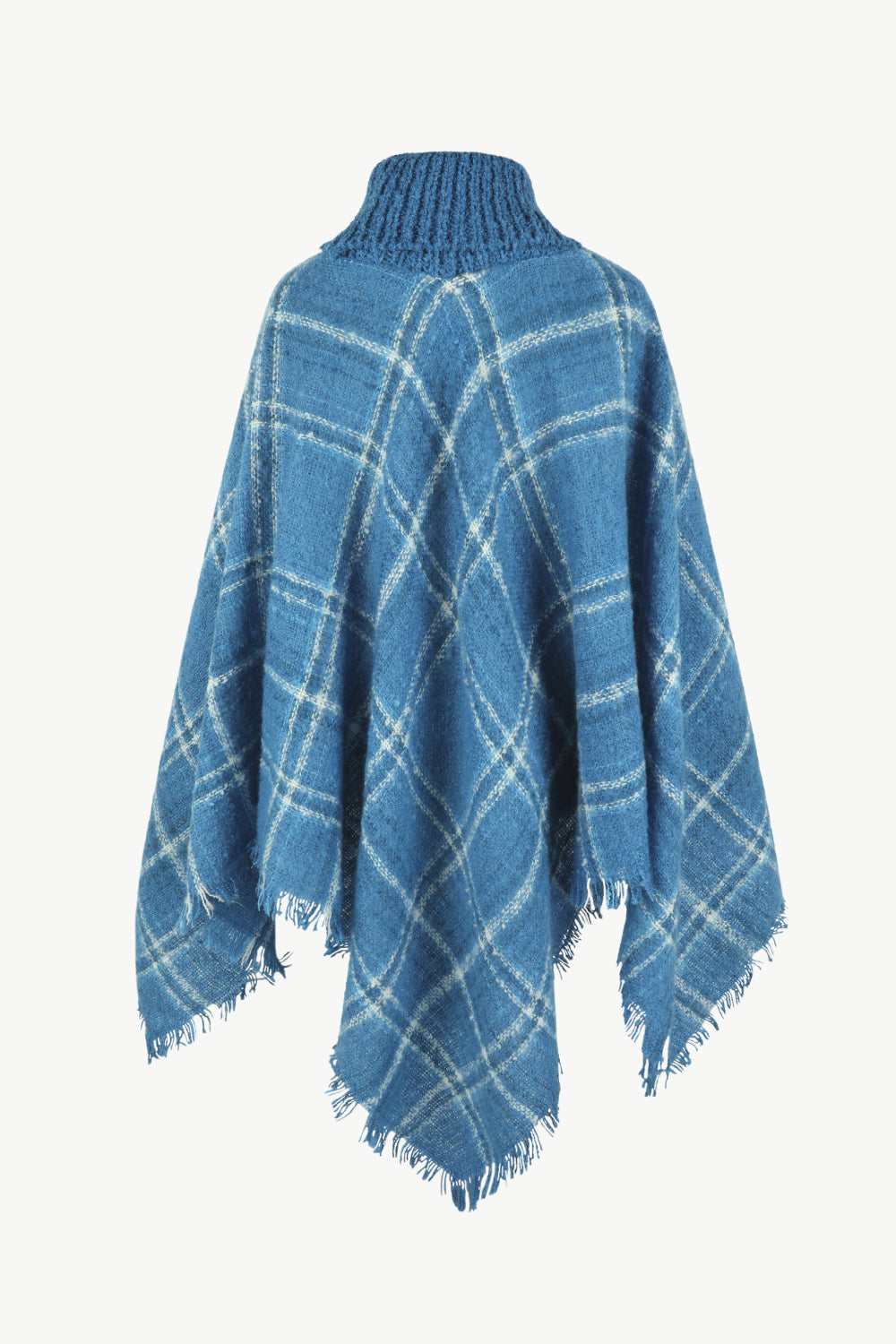 Plaid Turtleneck Fringe Hem Poncho