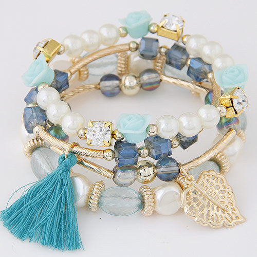 Fashion Trend Crystal Beads Pearl Leaf Fringe Bracelet