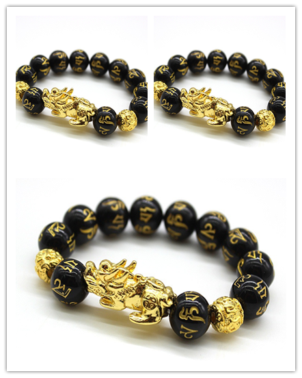 Natural Obsidian Bracelet Gold Leather Embroidered Men And Women