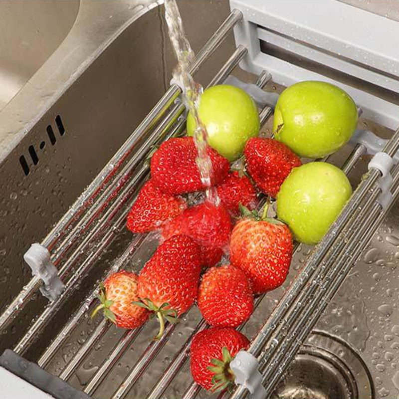 Adjustable Sink Dish Drying Rack Kitchen Organizer Stainless Steel Sink Drain Basket Vegetable Fruit Holder Storage Rack