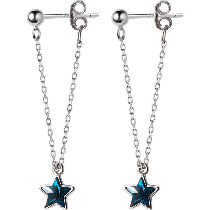 Blue diamond five-pointed star sweet back-hanging earrings