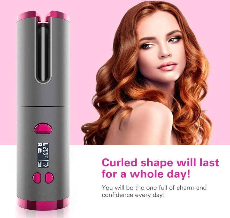 Automatic Hair Curler Curling Iron Wireless Ceramic USB Rechargeable With LED Digital Display