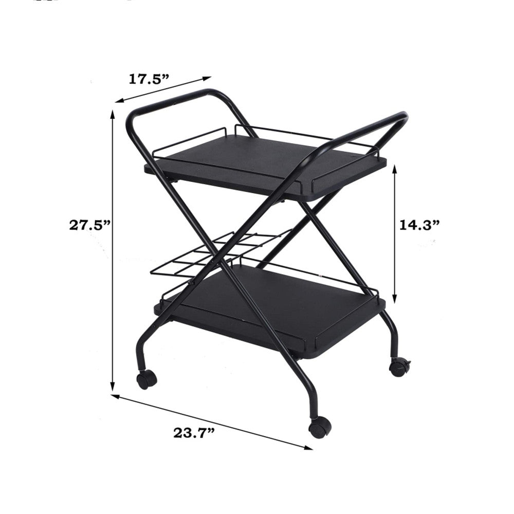 2-Tier Rolling Utility Cart With Wheels, Metal Bar Service Car With Wine Rack, Lockable Wheel Multi-Functional Storage Rack For Bar Office And Kitchen