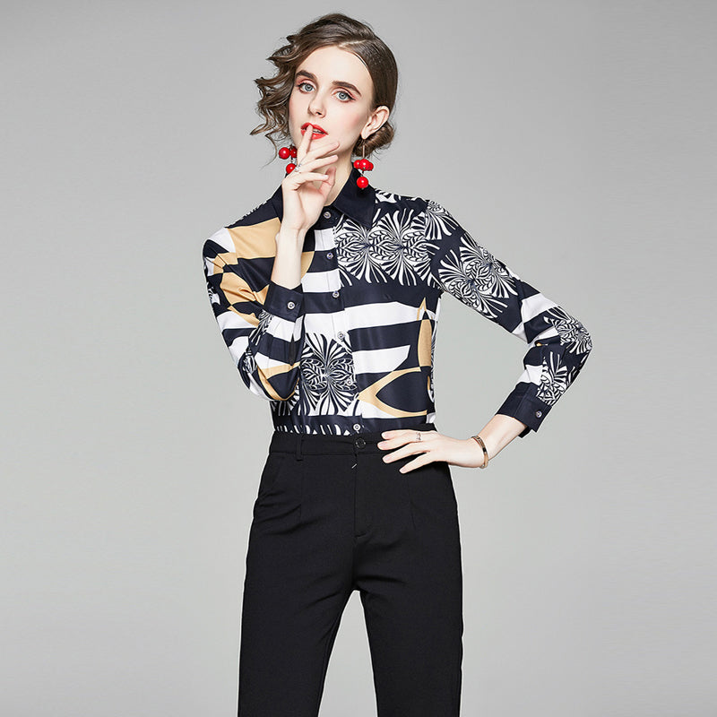 Women's Printed Slim Long-sleeved Versatile Lapel Shirt