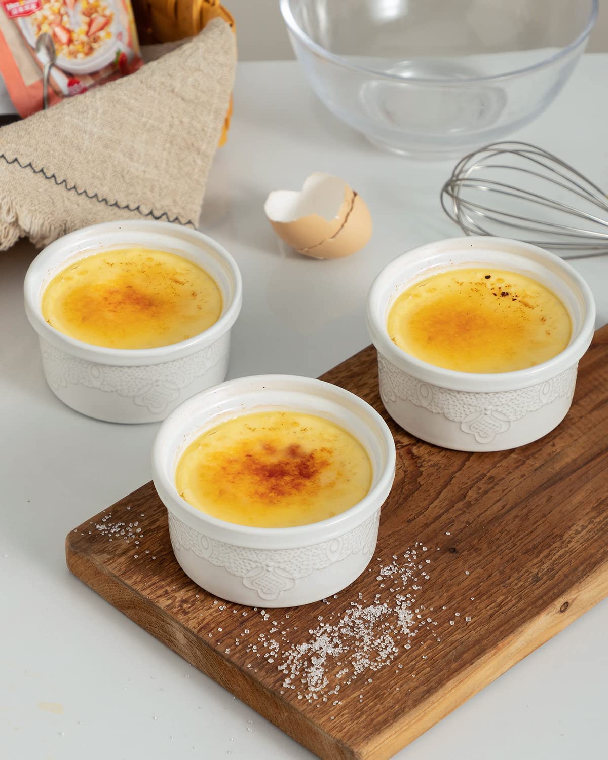 FE Ramekins, Lace Emboss Ramekin 8 Oz Oven Safe, Creme Brulee Set Of 6, Ceramic Souffle Dish For Baking Dessert And Cake