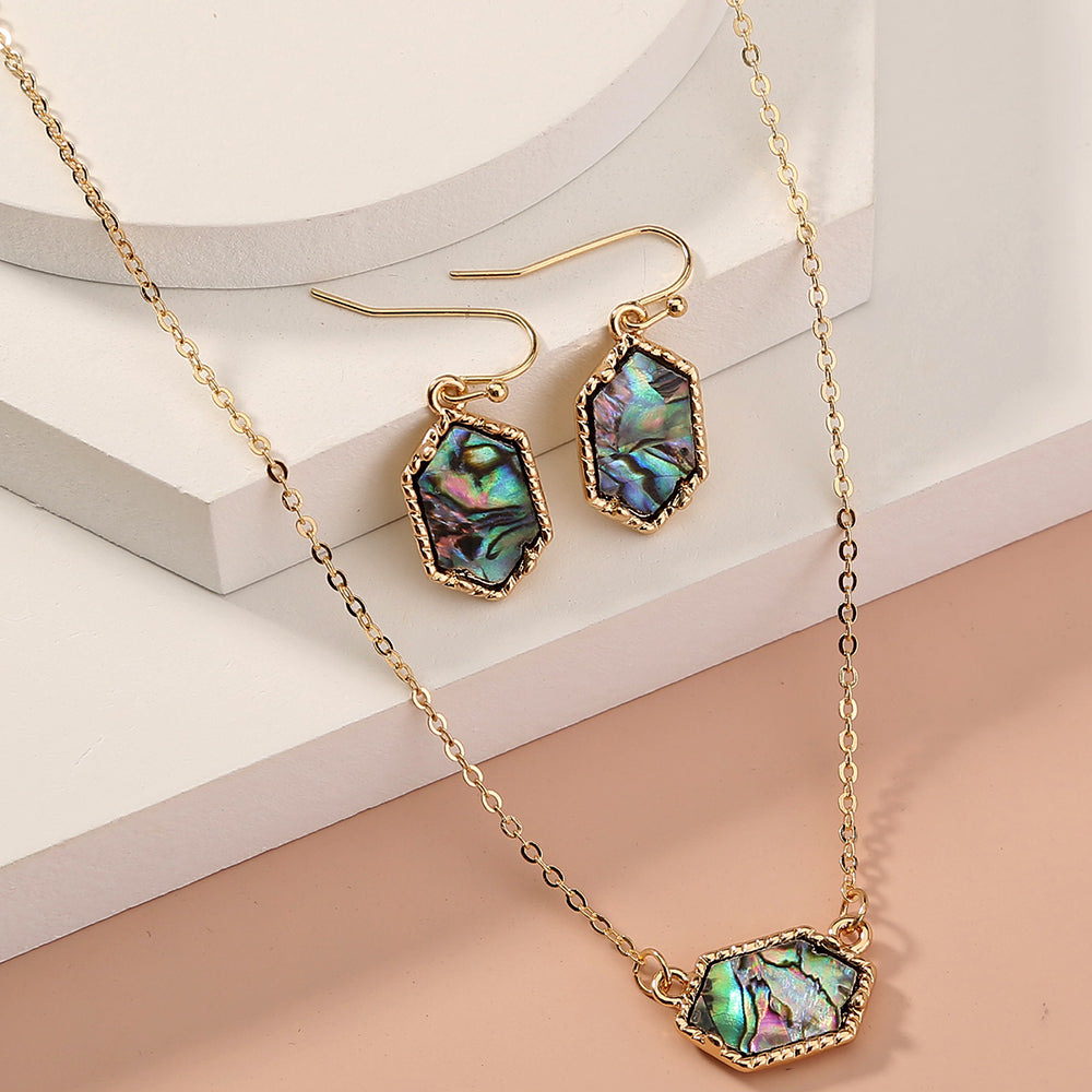 Diamond-shaped natural abalone shell necklace earrings set