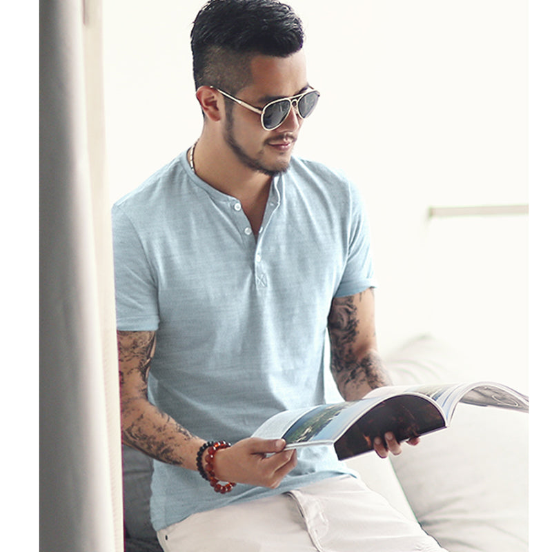 Bamboo cotton men's short sleeved T-shirt summer Henry collar casual Metrosexual men slim new brand top tees