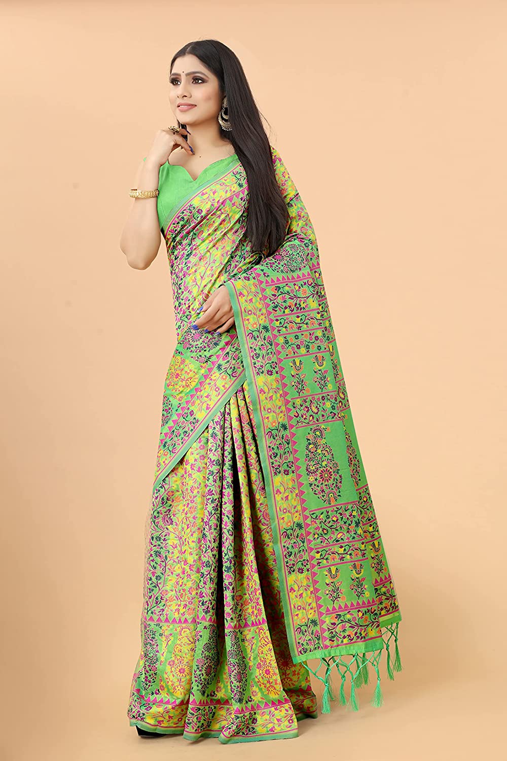 Women's Kalamkari Jacquard Cotton Saree With Blouse Piece