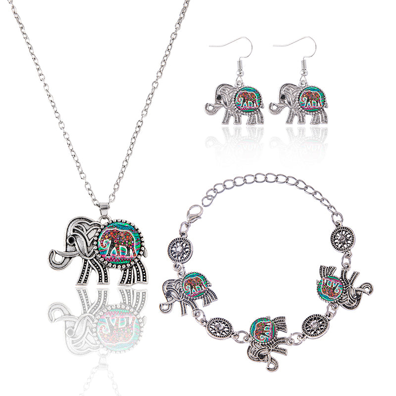 Vintage Ethnic Thai Silver Elephant Jewelry Set Necklace Bracelet Earrings For Women