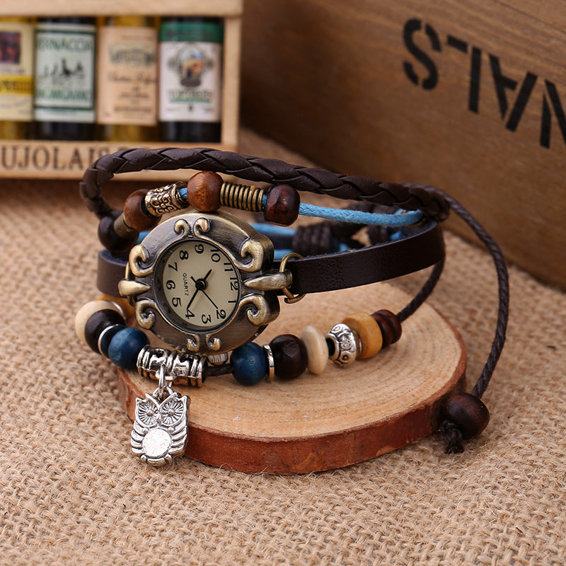 Women's Quartz Watch Elegant Beaded Fashion Leather Bracelet