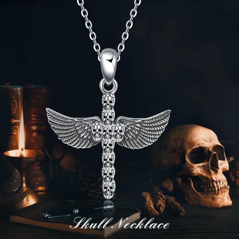 Sterling Silver Skull Angel Wing Pendant Necklace for Women and Men