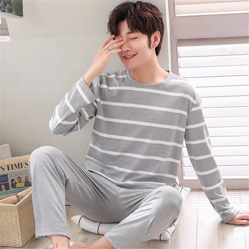 Pajamas Men's Long-sleeved Trousers Spring And Autumn Men's Pajamas Autumn And Winter Thin Plus Size Teenagers Home Wear Two-piece Set