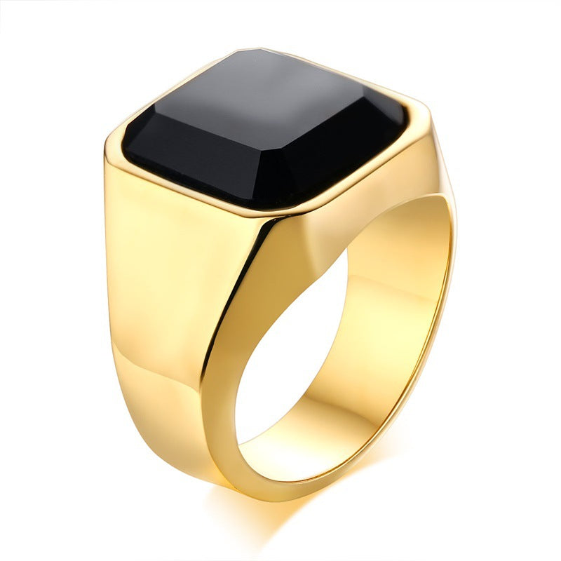 Men's stainless steel black agate ring