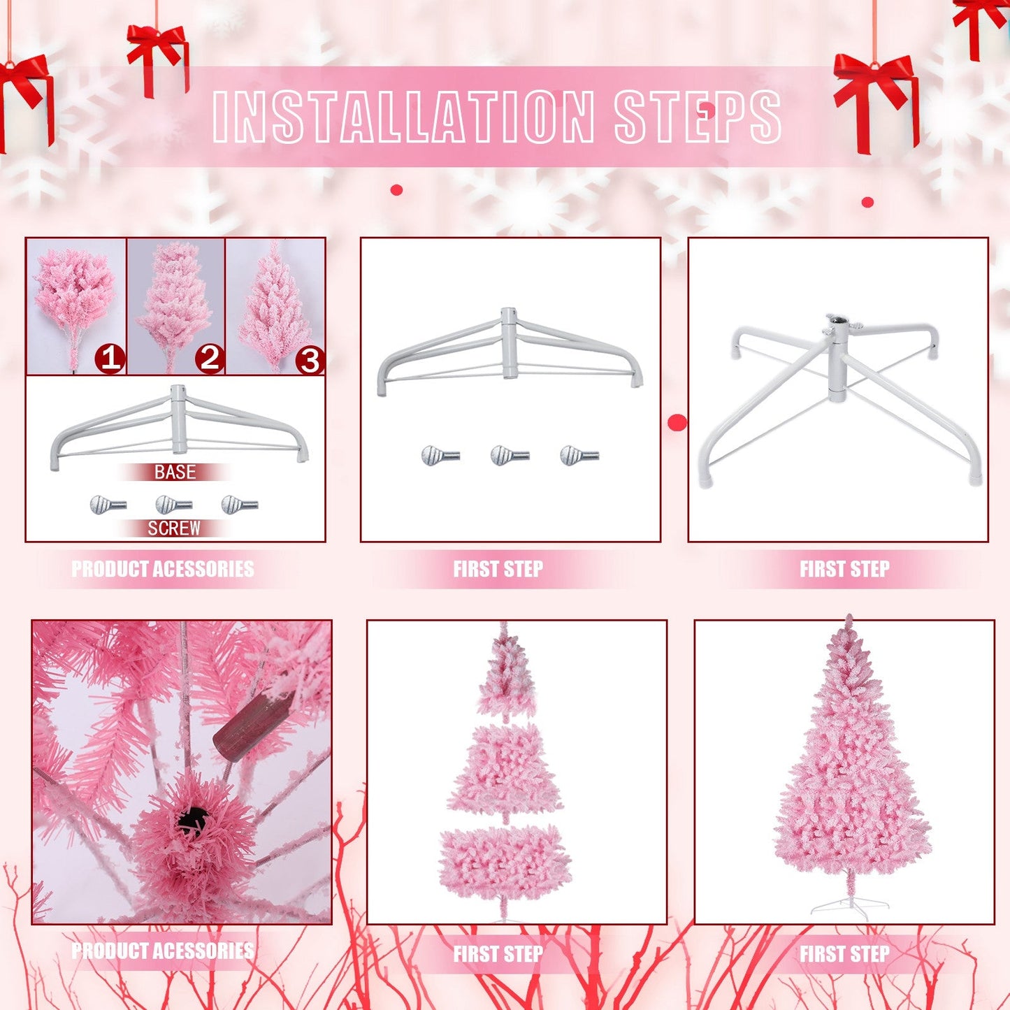 Pink Artificial Snow Flocked Christmas Tree, 8ft  Full Tree, With  Metal Stand