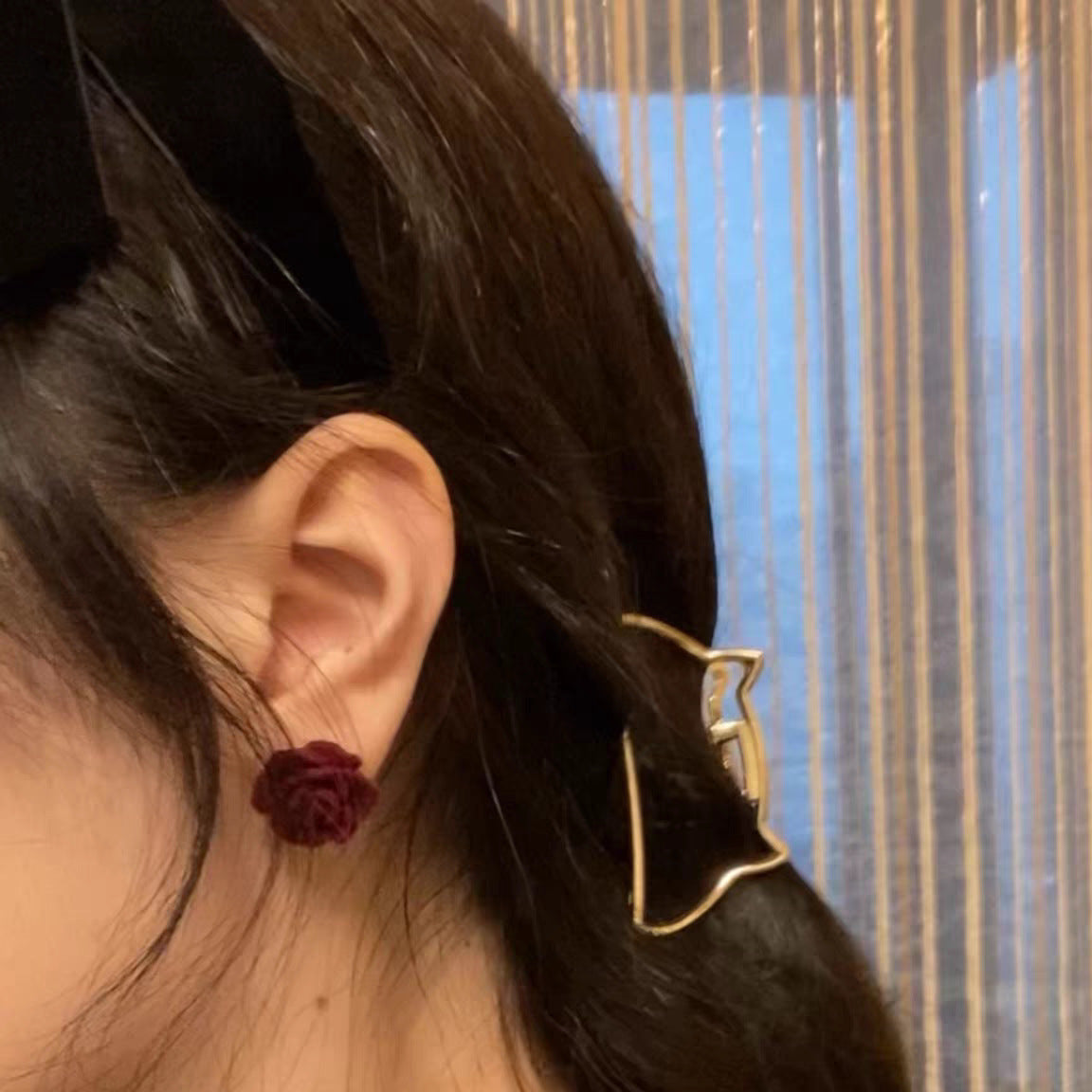 Flocking Wine Red Velvet Flower Rose Temperament Retro Ear Stud Clip