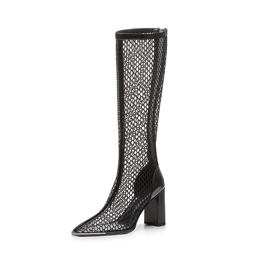 Chunky Heel Boots Mesh Back Zip Black