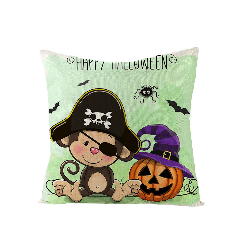 Halloween Linen Cute Cartoon Printed Kitten Pumpkin Head Pillow Cover