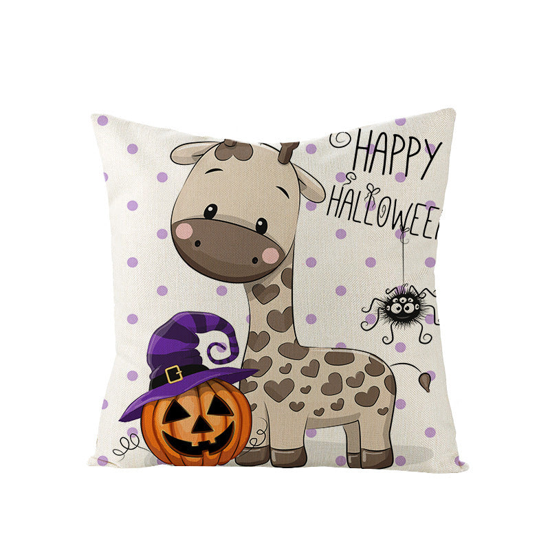 Halloween Linen Cute Cartoon Printed Kitten Pumpkin Head Pillow Cover