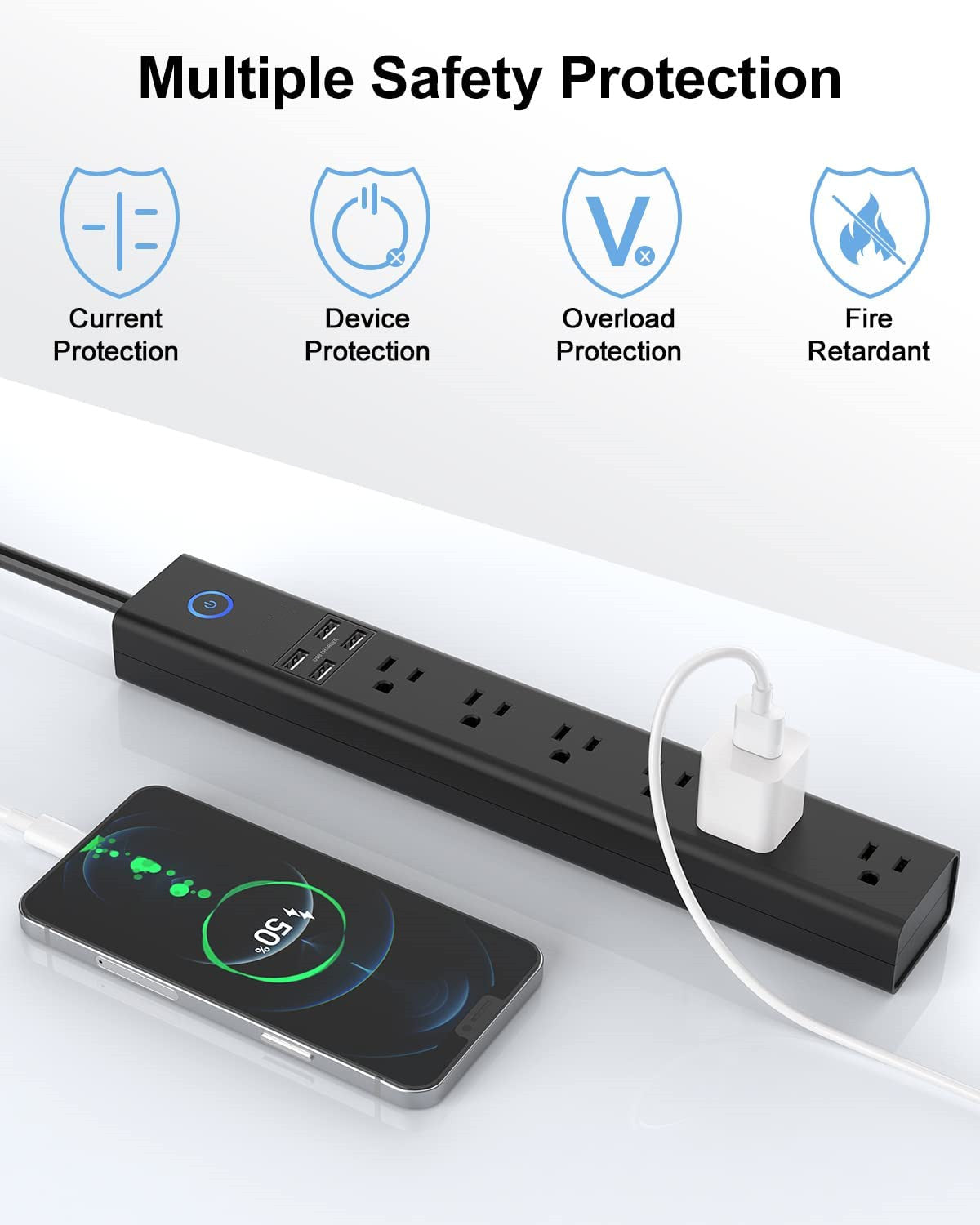 10 FT Surge Protector Power Strip With USB 6 Outlets And 4 USB Ports Wall Mountable Flat Plug Extension Cord