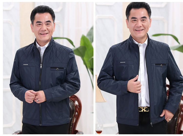 Autumn And Winter Long Sleeve Middle Aged And Elderly Casual Solid Color Straight Hem Black Stand Collar Side Seam Sidekick Zipper Dad Jacket