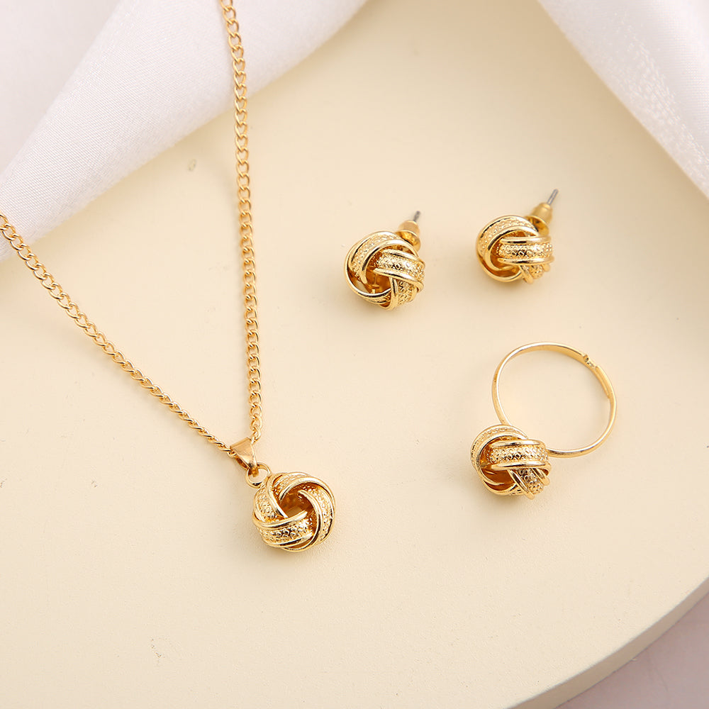 Metal Jewelry Three-piece Creative Wedding Three-dimensional Knotted Ring Earrings Necklace Set