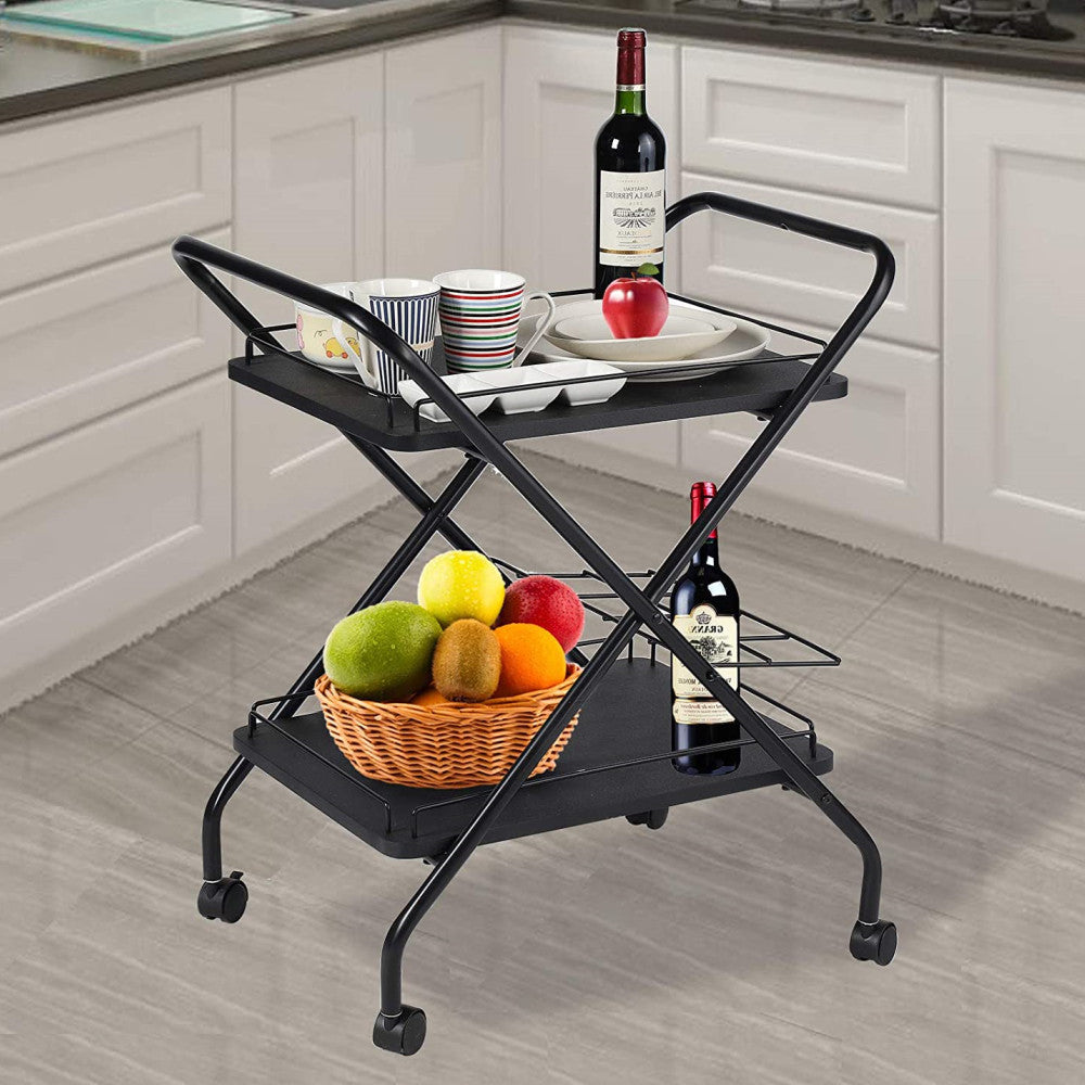 2-Tier Rolling Utility Cart With Wheels, Metal Bar Service Car With Wine Rack, Lockable Wheel Multi-Functional Storage Rack For Bar Office And Kitchen