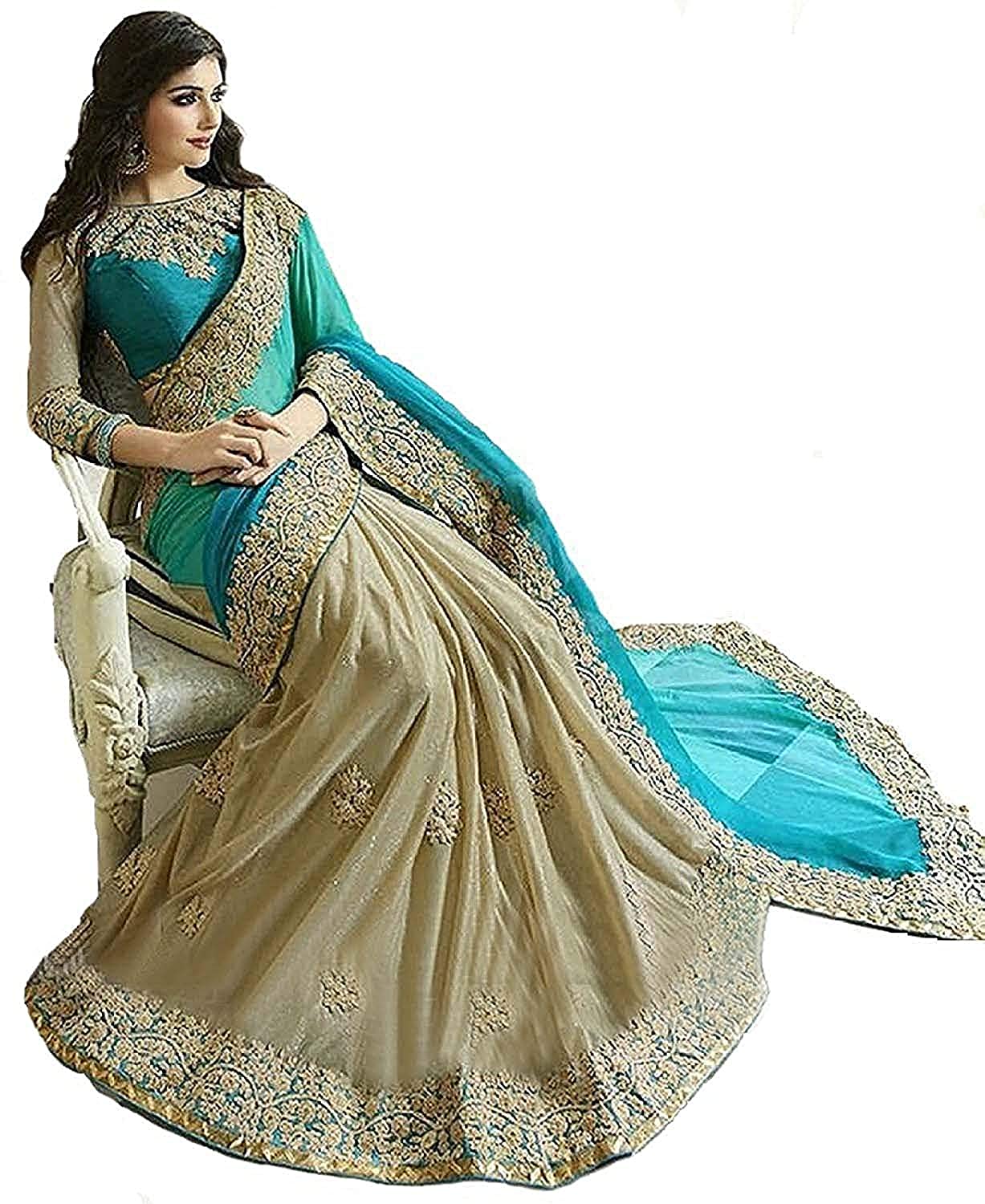 Women Bollywood Style Lycra Saree With Blouse Piece Indian Traditional Saree Wedding Dress Handmade Famous Actress Style Party Wear Free Size  Ethenic Wear Clothes For Women Embroidered