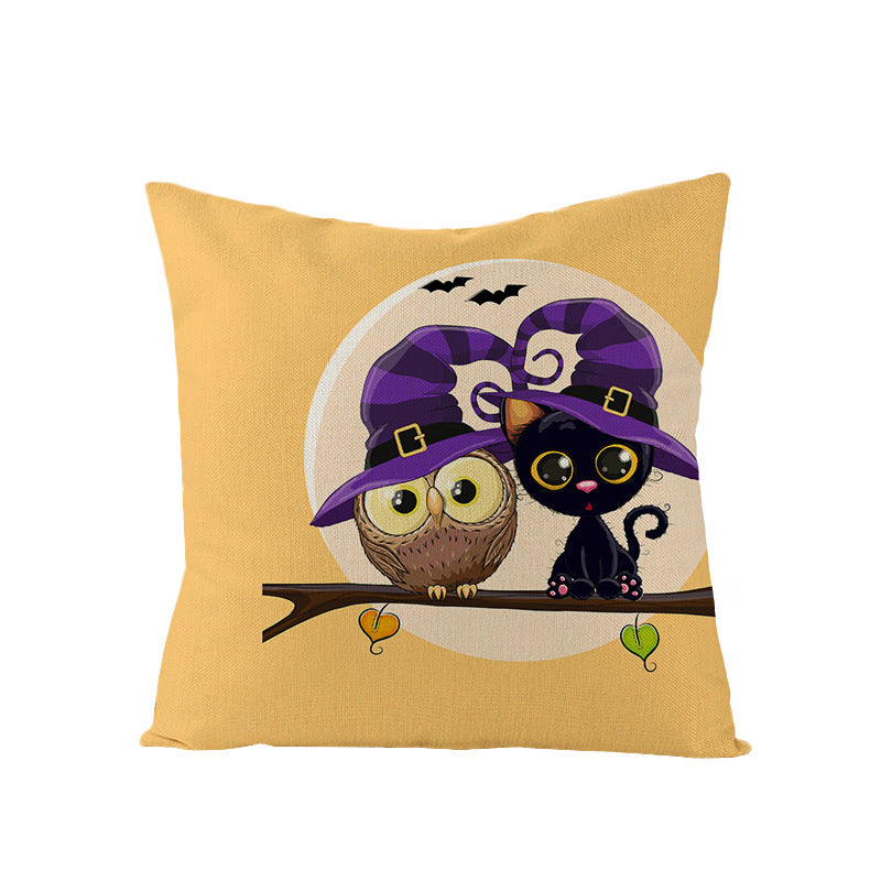 Halloween Linen Cute Cartoon Printed Kitten Pumpkin Head Pillow Cover