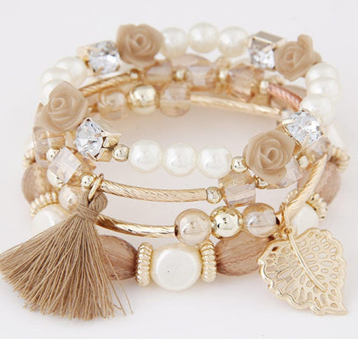 Fashion Trend Crystal Beads Pearl Leaf Fringe Bracelet