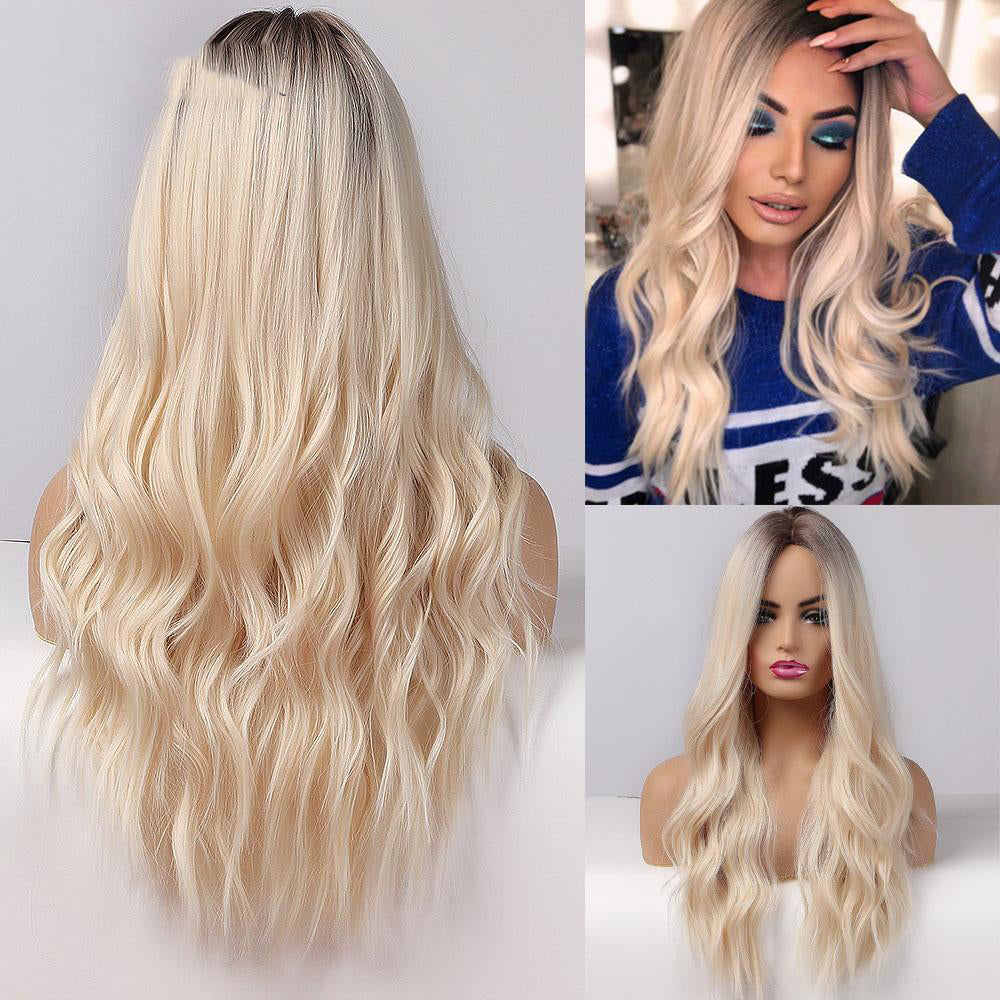 European And American Style Wig Female High-temperature Fiber Hair Brown Golden Gradient Medium Points Without Bangs Big Wave Curly Hair