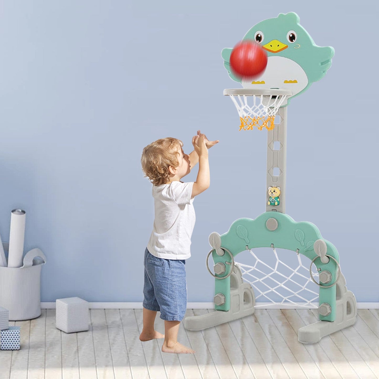 3 In 1 Adjustable Basketball Hoop Stand With Basketball/Ring Toss/Soccer