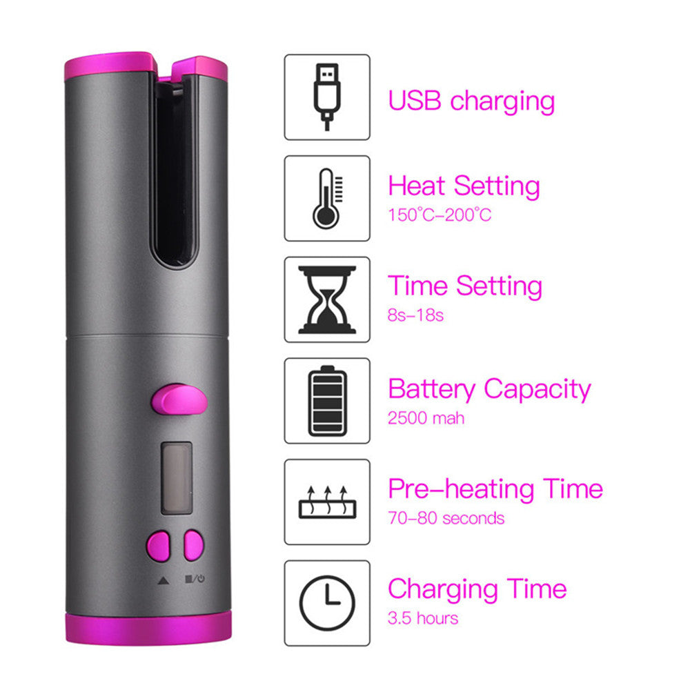 Automatic Hair Curler Curling Iron Wireless Ceramic USB Rechargeable With LED Digital Display