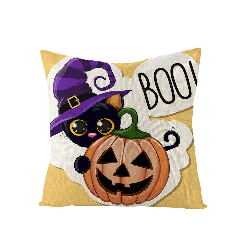 Halloween Linen Cute Cartoon Printed Kitten Pumpkin Head Pillow Cover