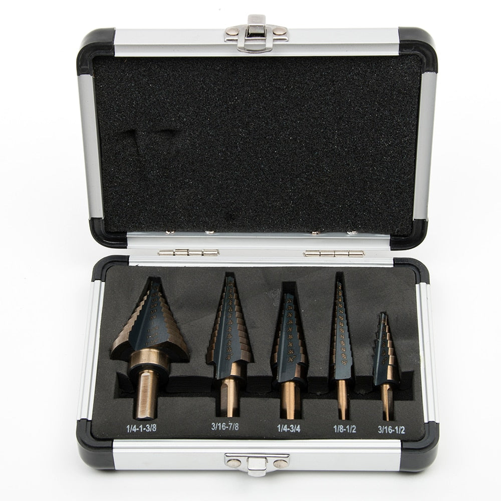 5Pcs Large Cobalt Step Drill HSS Step Titanium Core Drill Multiple Hole Cutter Drill Bit Set Tool with Case