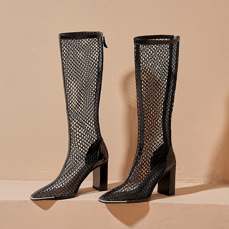 Chunky Heel Boots Mesh Back Zip Black