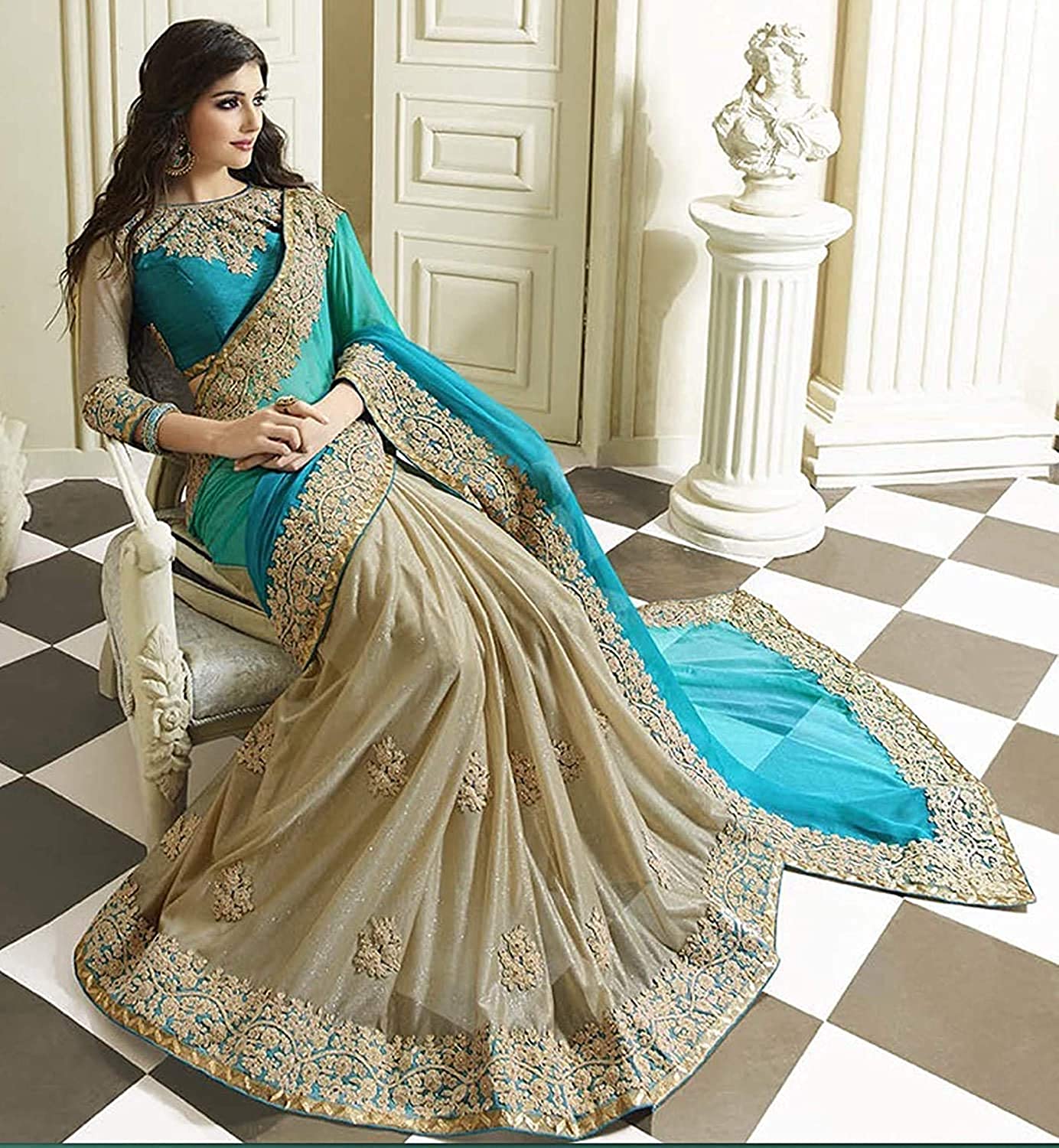 Women Bollywood Style Lycra Saree With Blouse Piece Indian Traditional Saree Wedding Dress Handmade Famous Actress Style Party Wear Free Size  Ethenic Wear Clothes For Women Embroidered