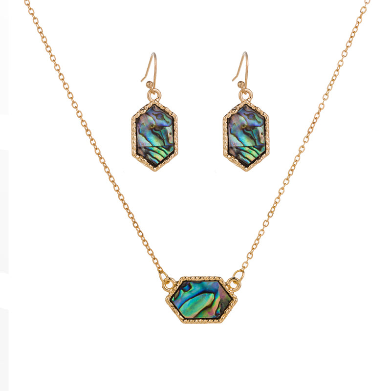 Diamond-shaped natural abalone shell necklace earrings set