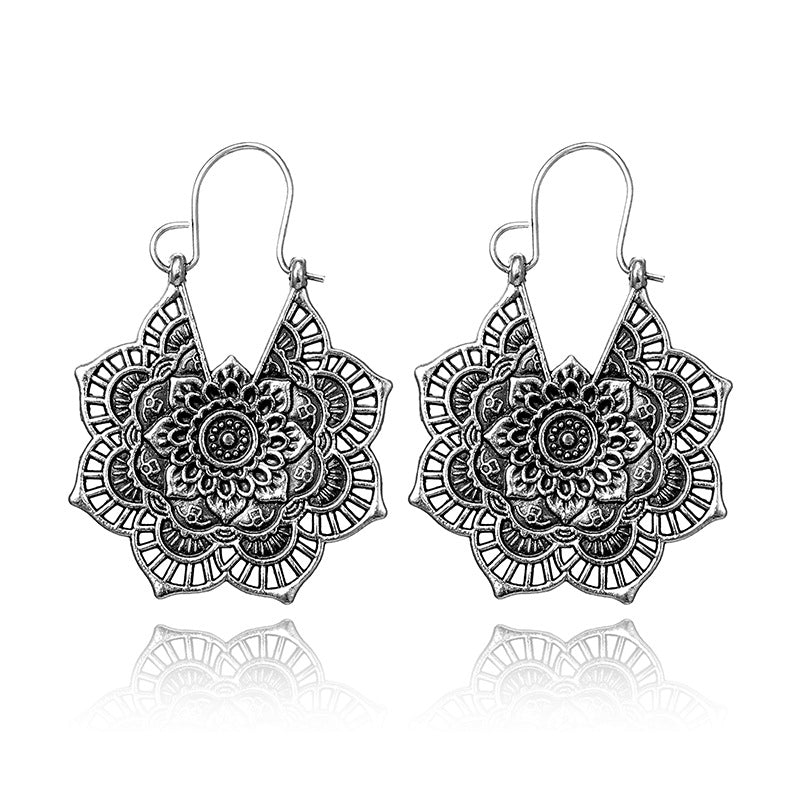 Vintage ethnic style metal openwork floral flower earrings