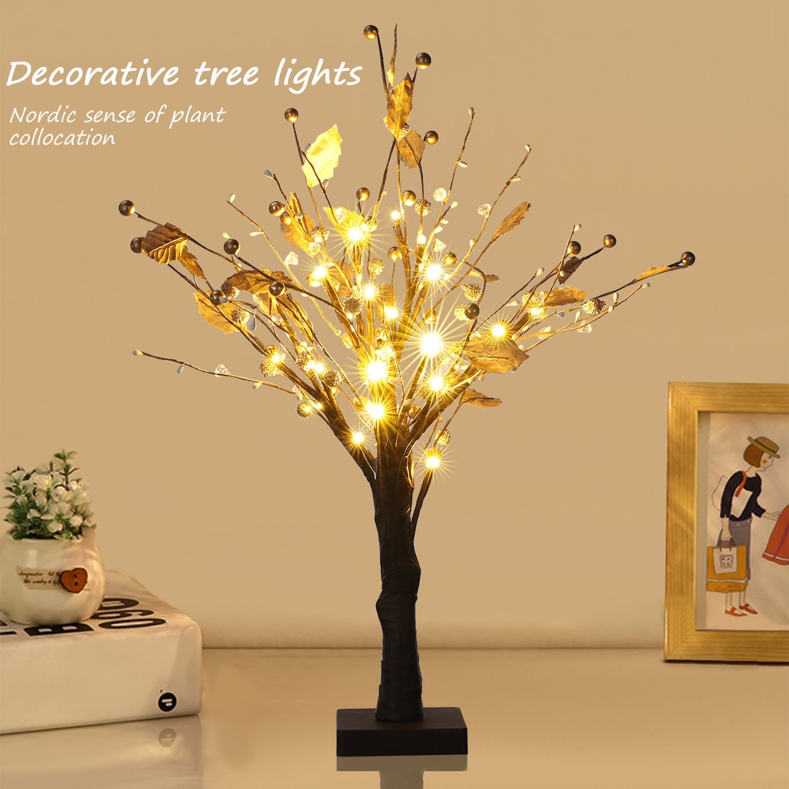 Tree Lights Dotted With Golden Fruit, 24 Warm White LED Lights 1.8 Feet High