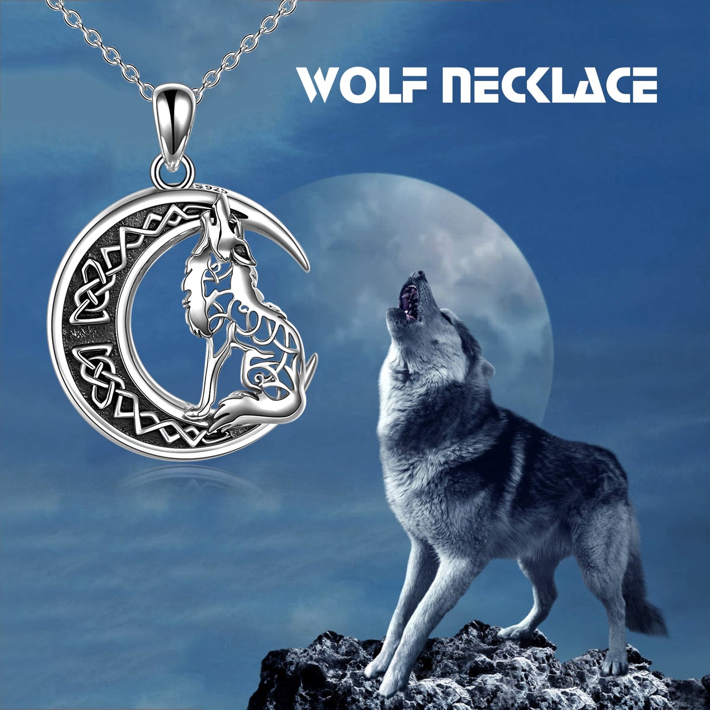 Sterling Silver Howling Wolf Moon Pendant Necklace for Wolf Lover Women Men Girls